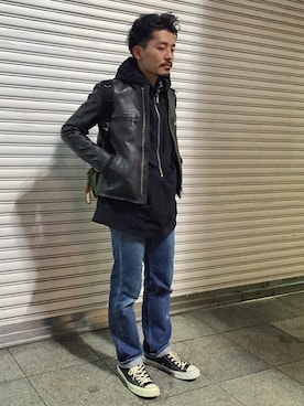 「Wrangler」｜「アイテム（ライダースジャケット）」を使った、YUTA KABURAGI さん（メンズ・175cm）の冬コーディネート