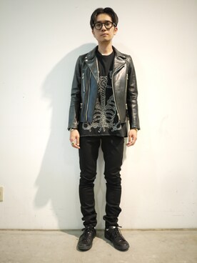「JOHN LAWRENCE SULLIVAN（ジョンローレンスサリバン）のアイテム（ライダースジャケット）」を使った、一政さん（メンズ・170cm）の夏コーディネート