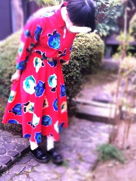 「アイテム（シャツワンピース、レッド系）」を使った、82さん（レディース・162cm）の冬コーディネート