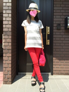 「アイテム（デニムパンツ、レッド系）」を使った、Bunkichiさん（レディース・153cm）の夏コーディネート