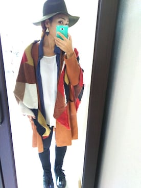 「大判ストール」｜「アイテム（その他アウター）」を使った、ハルカイさん（レディース・157cm）の秋コーディネート