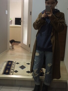 「H&M（エイチ・アンド・エム）のアイテム（パーカー、ブルー系）」を使った、sy_chiiiiiharu☀︎さん（レディース・155cm）の冬コーディネート