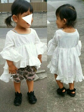 「韓国子供服のアイテム（シャツ/ブラウス、ホワイト系）」を使った、aoさん（キッズ・90cm）の夏コーディネート