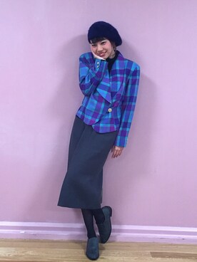 「黒タートルネック」｜「アイテム（ハンチング/ベレー帽）」を使った、®️さん（レディース・155cm）の冬コーディネート