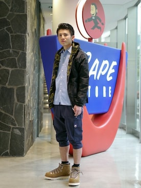 「A BATHING APE（アベイシングエイプ）のアイテム（ナイロンジャケット）」を使った、大嶋 一規さん（メンズ・167cm）の春コーディネート