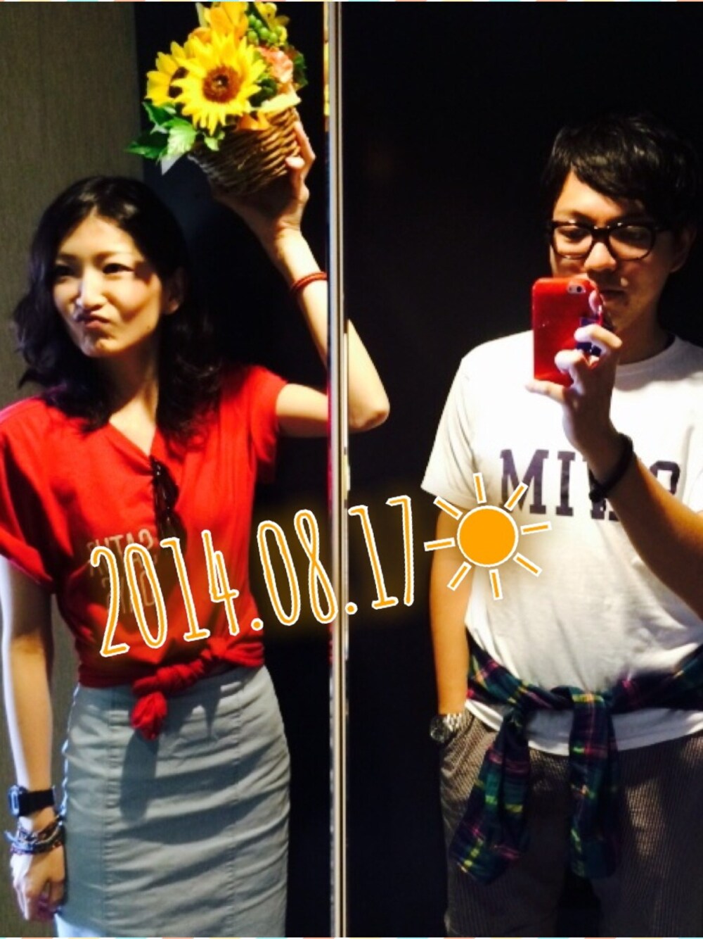 「サタデーズ ニューヨークシティ (Saturdays NYC)、プール、ひまわり、誕生日プレゼント、夏！」｜「Saturdays NYCのCONDENSED STACK（Tシャツ/カットソー、レッド系）」を使った、aaffy.さん（レディース・165cm）の夏コーディネートの1枚目の写真