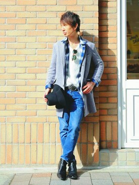 「Buffalo Bobs（バッファローボブズ）のアイテム（チェスターコート）」を使った、TetsuyaAshitaniさん（メンズ・175cm）の冬コーディネート