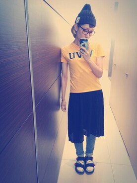 「Champion（チャンピオン）のアイテム（Tシャツ/カットソー、イエロー系）」を使った、✰Tama LFMAO✰さん（レディース・166cm）の夏コーディネート