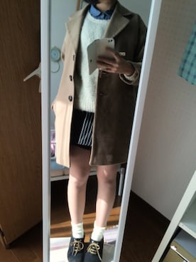 「デニムワンピース」｜「アイテム（チェスターコート）」を使った、みーさん（レディース・157cm）の春コーディネート
