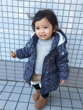 「西松屋」｜「アイテム（ダウンジャケット/コート）」を使った、Yuzu/Haruさん（キッズ・80cm）の冬コーディネート