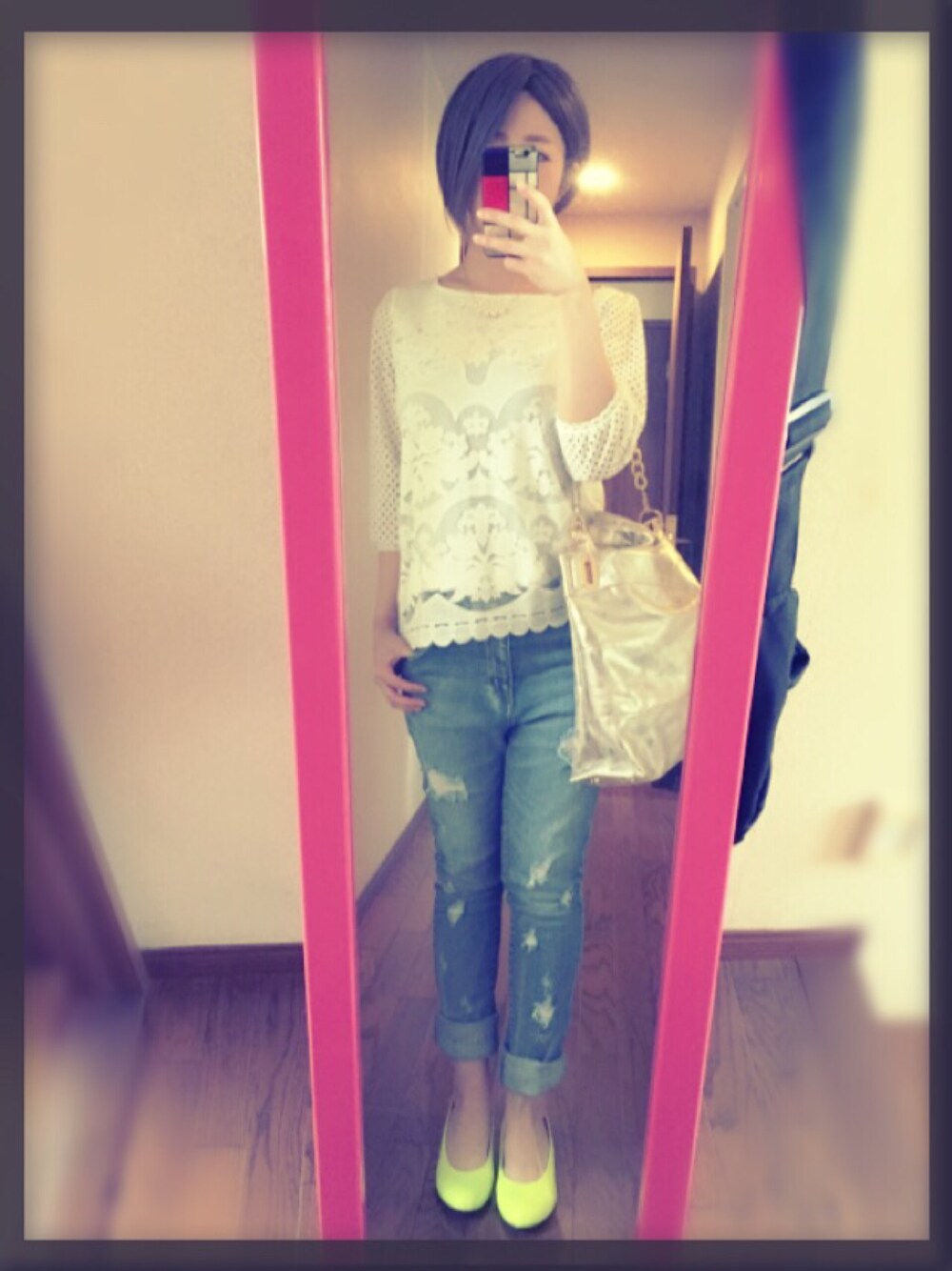 「LOWRYS FARMの☆★LOWRYSFARM定番パンプス☆★SSローウェッジパンプス　517256（パンプス、イエロー系）」を使った、らふら。さん（レディース・159cm）の夏コーディネートの1枚目の写真