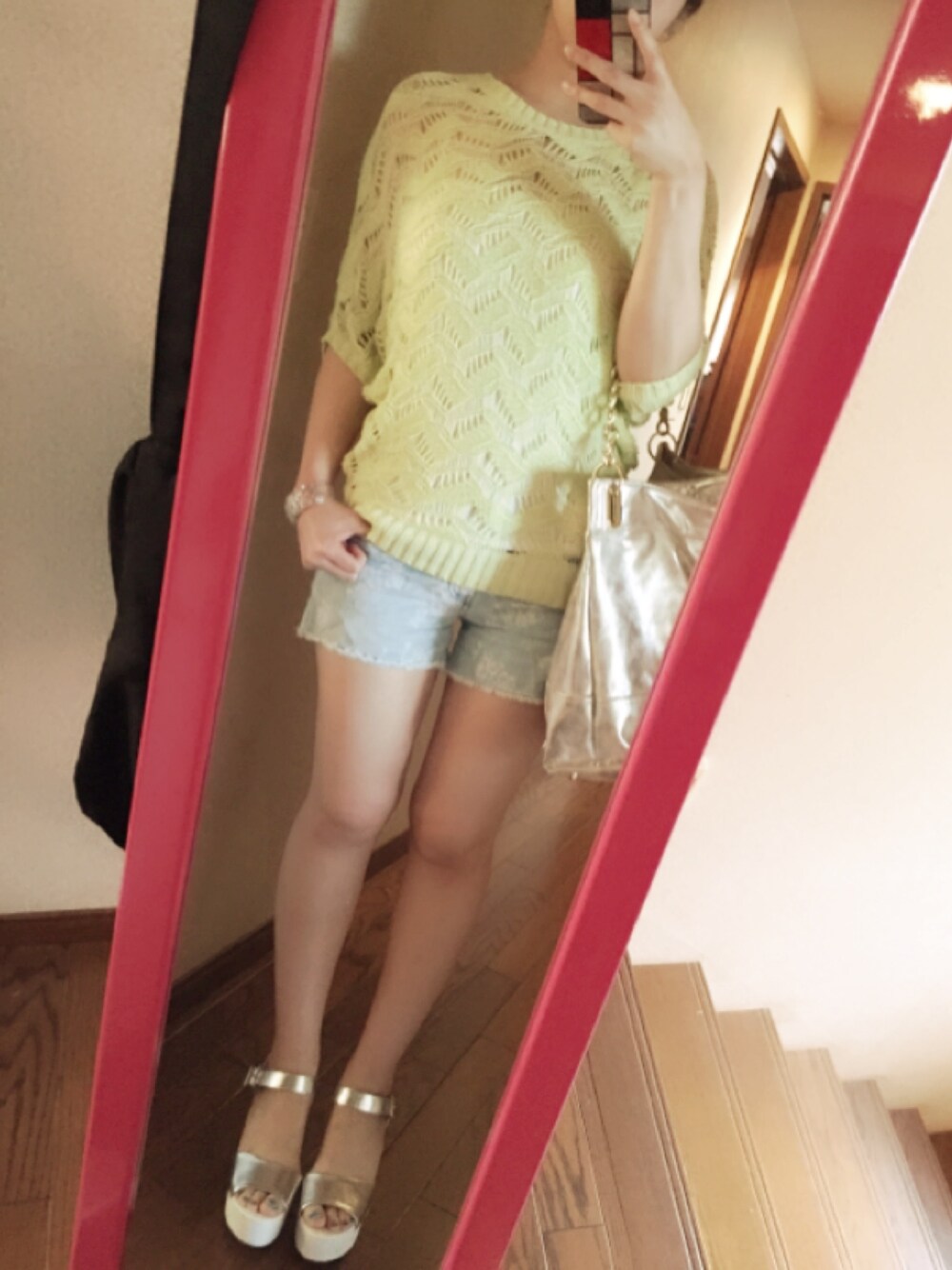 「Heatherのテープヤーンニット（ニット/セーター、イエロー系）」を使った、らふら。さん（レディース・159cm）の夏コーディネートの1枚目の写真