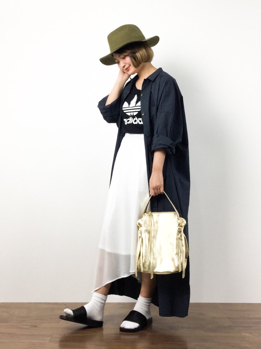 「スカート、adidas、アディダス、スポーツミックス、メタリック、ZOZO夏セール2015」｜「BLISS POINTの15AWフェルトハット/566403（ハット、グリーン系）」を使った、ななこさん（レディース・156cm）の夏コーディネートの1枚目の写真