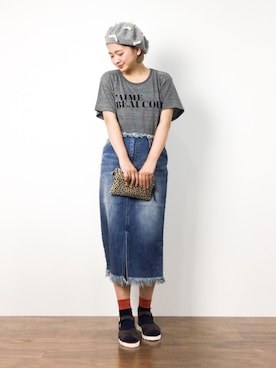 「デニムスカートINスタイル」｜「アイテム（ハンチング/ベレー帽）」を使った、ななこさん（レディース・156cm）の夏コーディネート