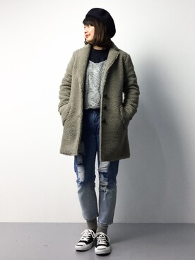 「TODAYFUL（トゥデイフル）のアイテム（チェスターコート）」を使った、ななこさん（レディース・156cm）の冬コーディネート