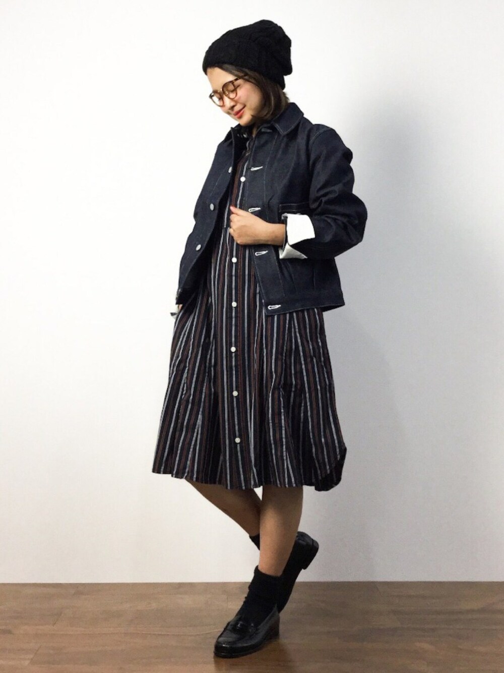「BEAMS BOYのScye×BEAMS BOY /  DENIM JACKET■☆（デニムジャケット、ブルー系）」を使った、ななこさん（レディース・156cm）の冬コーディネートの1枚目の写真