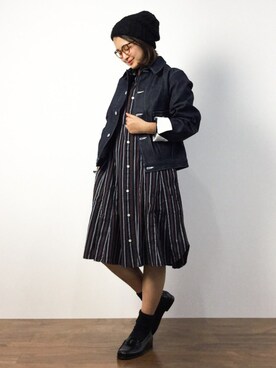 「BEAMS BOY（ビームスボーイ）のアイテム（デニムジャケット）」を使った、ななこさん（レディース・156cm）の冬コーディネート