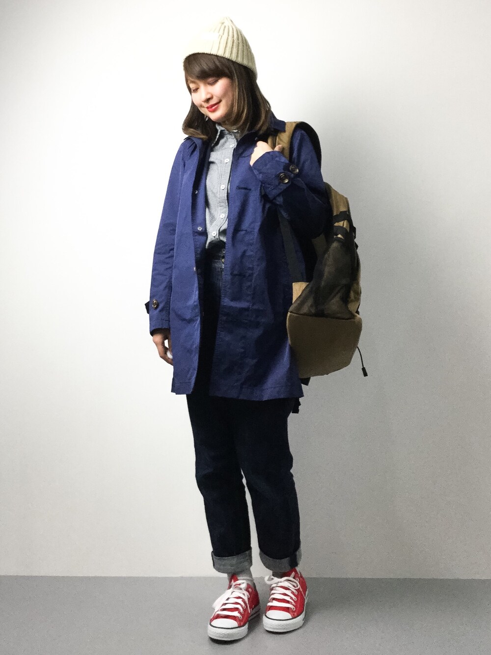 「X-girlのA-LINE COAT（その他アウター、ブルー系）」を使った、ななこさん（レディース・156cm）の春コーディネートの1枚目の写真