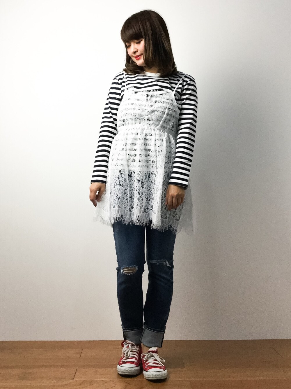 「Narcissusの【cheap!!by vaNite】ランジェリーキャミ（キャミソール、ホワイト系）」を使った、ななこさん（レディース・156cm）の春コーディネートの1枚目の写真