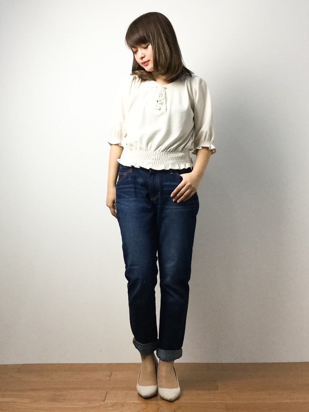 「31 Sons de modeのジャガードネックスピンドルカットソー（Tシャツ/カットソー、ベージュ系）」を使った、ななこさん（レディース・156cm）の春コーディネートの1枚目の写真