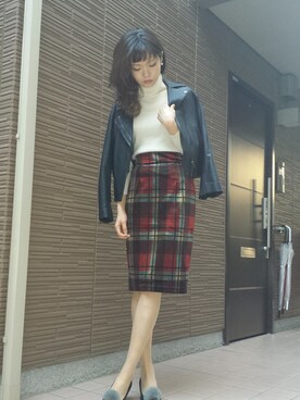 「ベロアスカート」｜「アイテム（ライダースジャケット）」を使った、okachamaさん（レディース・167cm）の冬コーディネート