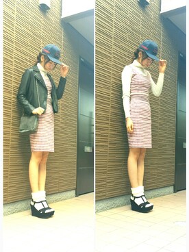 「ヒール×靴下」｜「アイテム（ライダースジャケット）」を使った、okachamaさん（レディース・167cm）の冬コーディネート