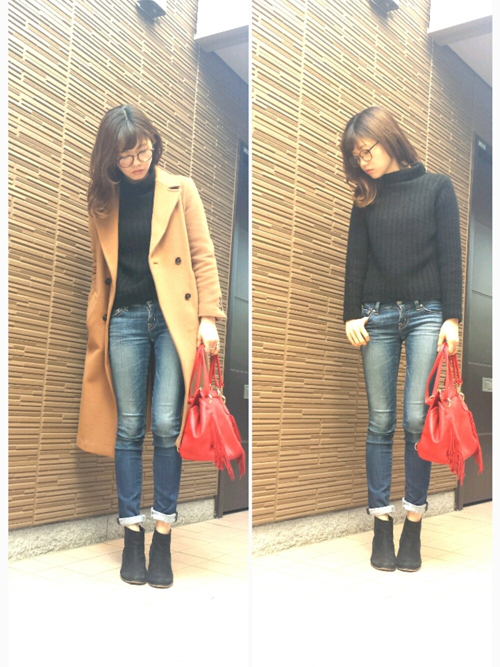 ベージュ系のその他アウター、ブラック系のニット/セーター、ブラック系のブーツを着用したレディースの冬コーディネートの1枚目の写真