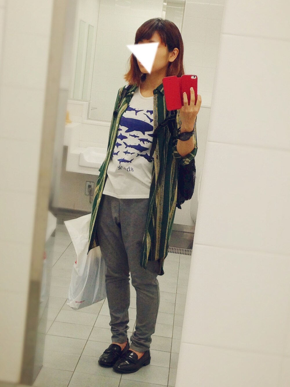 「スウェットパンツ、おきにいりアイテム、シャツワンピ、ストライプ」｜「URBAN RESEARCH ROSSO WOMENのアイテム（シャツワンピース、グリーン系）」を使った、KUmiさん（レディース・150cm）の夏コーディネートの1枚目の写真