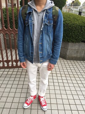 「H&M（エイチ・アンド・エム）のアイテム（チノパンツ、ホワイト系）」を使った、れいじさん（メンズ・163cm）の夏コーディネート