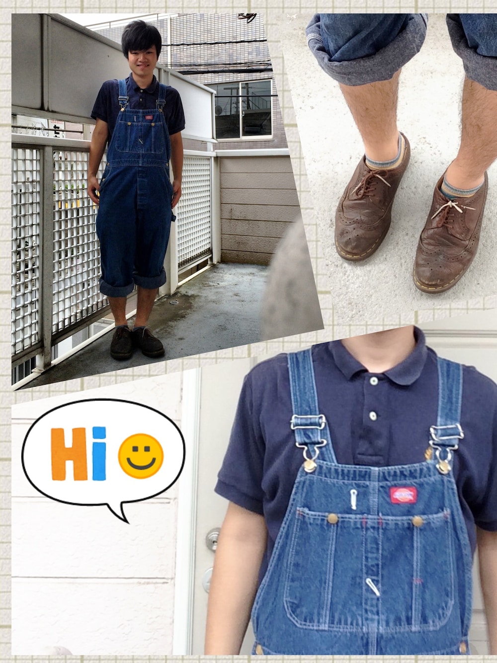「オーバーオール、ポロシャツ、バーバリー、ディッキーズ(Dickies)、雨の日コーデ、青、紺、マーチン」｜「Dickiesのアイテム（サロペット/オーバーオール、ブルー系）」を使った、かにばりずむ.さん（メンズ・170cm）の夏コーディネートの1枚目の写真