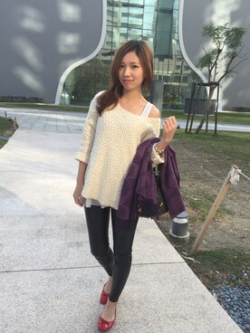 「no brand（ノーブランド）のアイテム（バレエシューズ、レッド系）」を使った、Pinyu Rachel Linさん（163cm）の冬コーディネート
