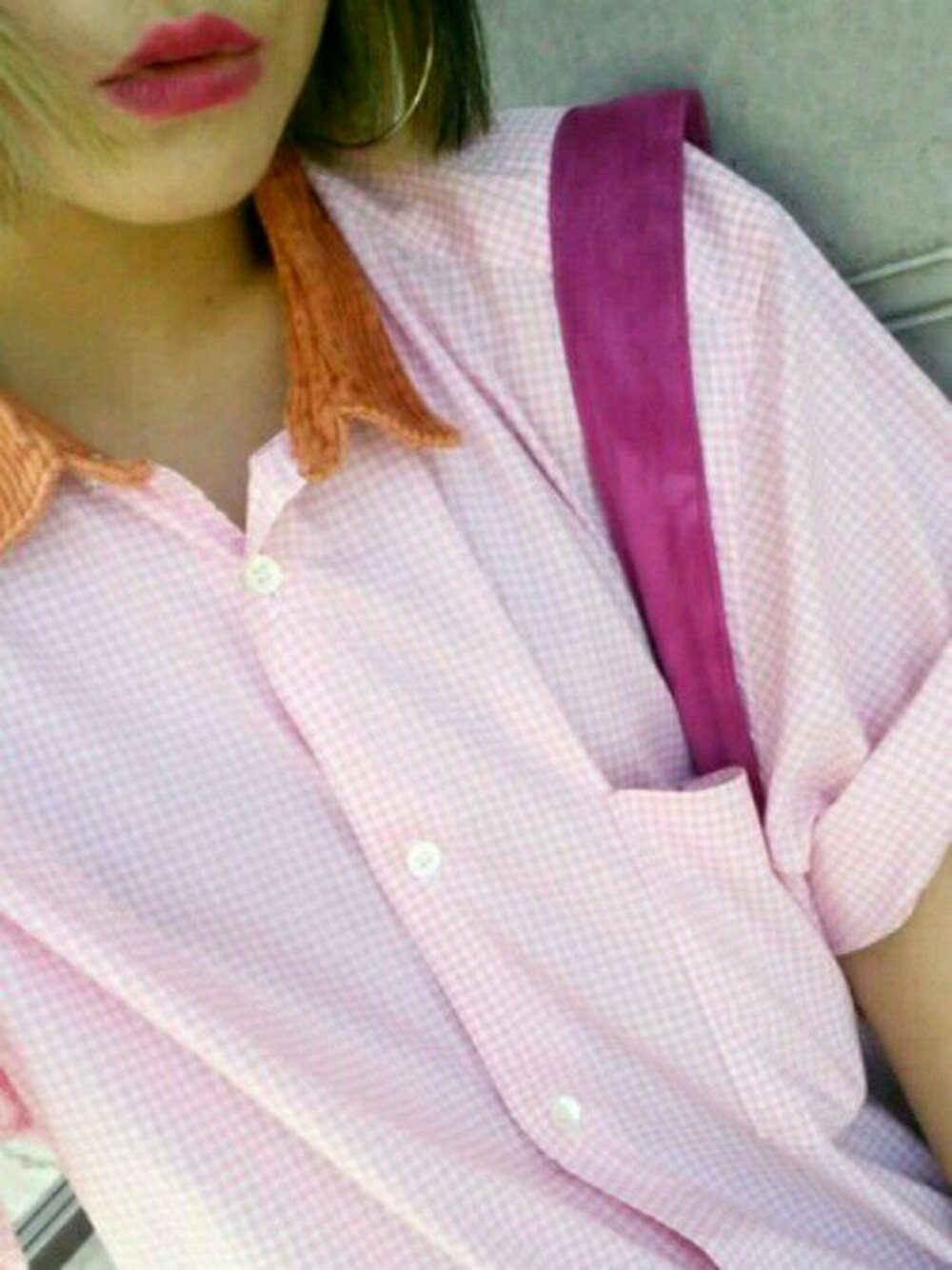 「COMME des GARCONS、Comme des Garcons SHIRT、tricot COMME des GARCONS、シャツスタイル、夏、ピンクコーデ、ギンカムチェック、outfit、ショルダーバッグ、夏コーデ」｜「COMME des GARCONS SHIRTのアイテム（シャツ/ブラウス、ピンク系）」を使った、 Saiさん（レディース・151cm）の夏コーディネートの1枚目の写真
