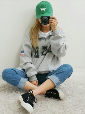 「BLANC..（ブラン）のアイテム（帽子）」を使った、bullangさん（レディース・158cm）の春コーディネート