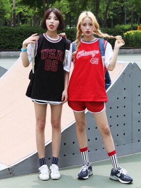 「アイテム（ベスト、レッド系）」を使った、bullangさん（レディース・161cm）の夏コーディネート