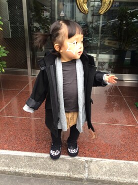 「アイテム（チェスターコート）」を使った、hinacoさん（キッズ・70cm）の冬コーディネート