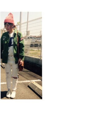 「Champion（チャンピオン）のアイテム（Tシャツ/カットソー、ホワイト系）」を使った、み。さん（レディース・154cm）の春コーディネート