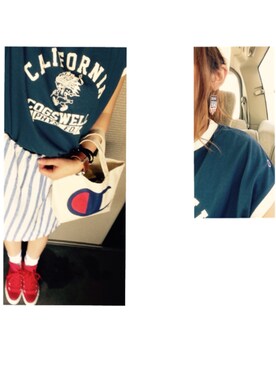 「Champion（チャンピオン）のアイテム（Tシャツ/カットソー、ブルー系）」を使った、み。さん（レディース・154cm）の春コーディネート