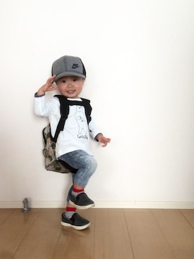 「abcd（ナシ）のアイテム（バックパック/リュック）」を使った、ichiKAさん（キッズ・80cm）の春コーディネート