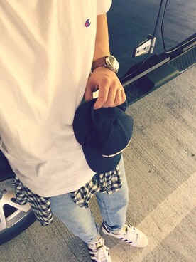 「Champion（チャンピオン）の【CHAMPION】ワンポイントＴシャツ（Tシャツ/カットソー、ホワイト系）」を使った、tさん（メンズ・178cm）の春コーディネート