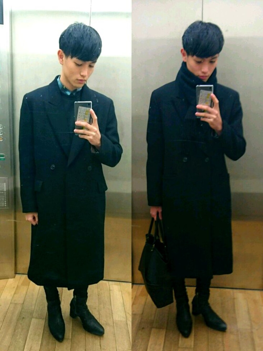 「モード、ブラック、総柄トップス、ヒールブーツ」｜「Paul SmithのWOOL DOUBLE BREASTED LONG COAT / 253207 269P（チェスターコート、ブラック系）」を使った、たくみんさん（メンズ・168cm）の冬コーディネートの1枚目の写真