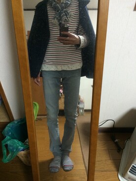 「アイテム（デニムパンツ、シルバー系）」を使った、たろぽさん（メンズ・178cm）の春コーディネート