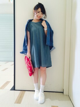 「春ワンピ」｜「アイテム（デニムジャケット）」を使った、MihoUesugiさん（レディース・154cm）の春コーディネート