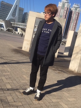 「アイテム（ステンカラーコート）」を使った、たけだゆうたさん（メンズ・168cm・10代）の冬コーディネート