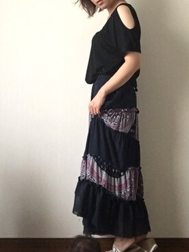 「LOWRYS FARM（ローリーズファーム）のアイテム（Tシャツ/カットソー、ブラック系）」を使った、saya.さん（レディース・162cm）の夏コーディネート