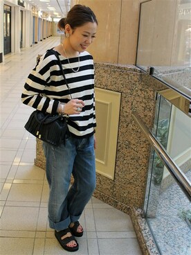 「アイテム（Tシャツ/カットソー、ブラック系）」を使った、ivory court　ランドマークプラザ店スタッフさん（レディース・161cm）の夏コーディネート