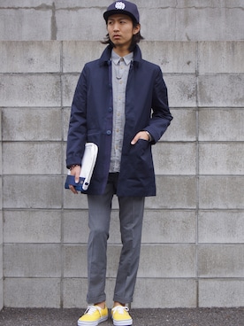 「White Mountaineering」｜「アイテム（ステンカラーコート）」を使った、DOGDAYSさん（メンズ・172cm）の春コーディネート