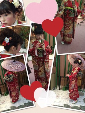 「アイテム（水着/着物・浴衣、レッド系）」を使った、せつこさん（レディース・153cm）の冬コーディネート