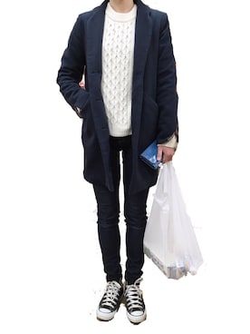 「H&M（エイチ・アンド・エム）のアイテム（ニット/セーター、ホワイト系）」を使った、knic-msdaさん（メンズ・188cm）の冬コーディネート