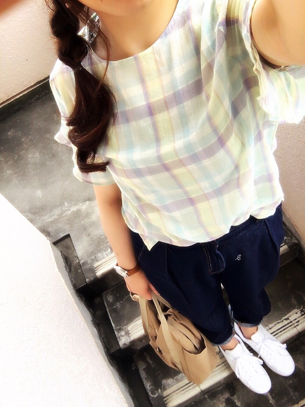 「休日スタイル、summer、シンプルスタイル、チェック、グリーン、スニーカー、カジュアル」｜「w closetのアイテム（シャツ/ブラウス、グリーン系）」を使った、paola♪さん（レディース・157cm）の夏コーディネートの1枚目の写真