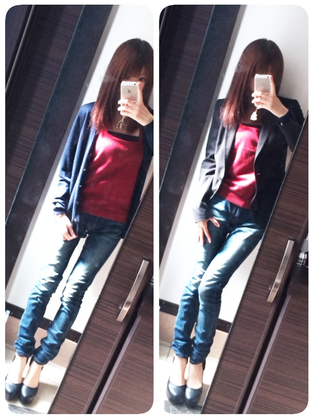 「スキニーデニム、ジャケット、カーディガン、LIP SERVICE、LIPSERVICE、AZUL by moussy、ZARA、R&E」｜「LIPSERVICEのスクエアタンクトップス（タンクトップ、レッド系）」を使った、moepiさん（メンズ・159cm）の秋コーディネートの1枚目の写真